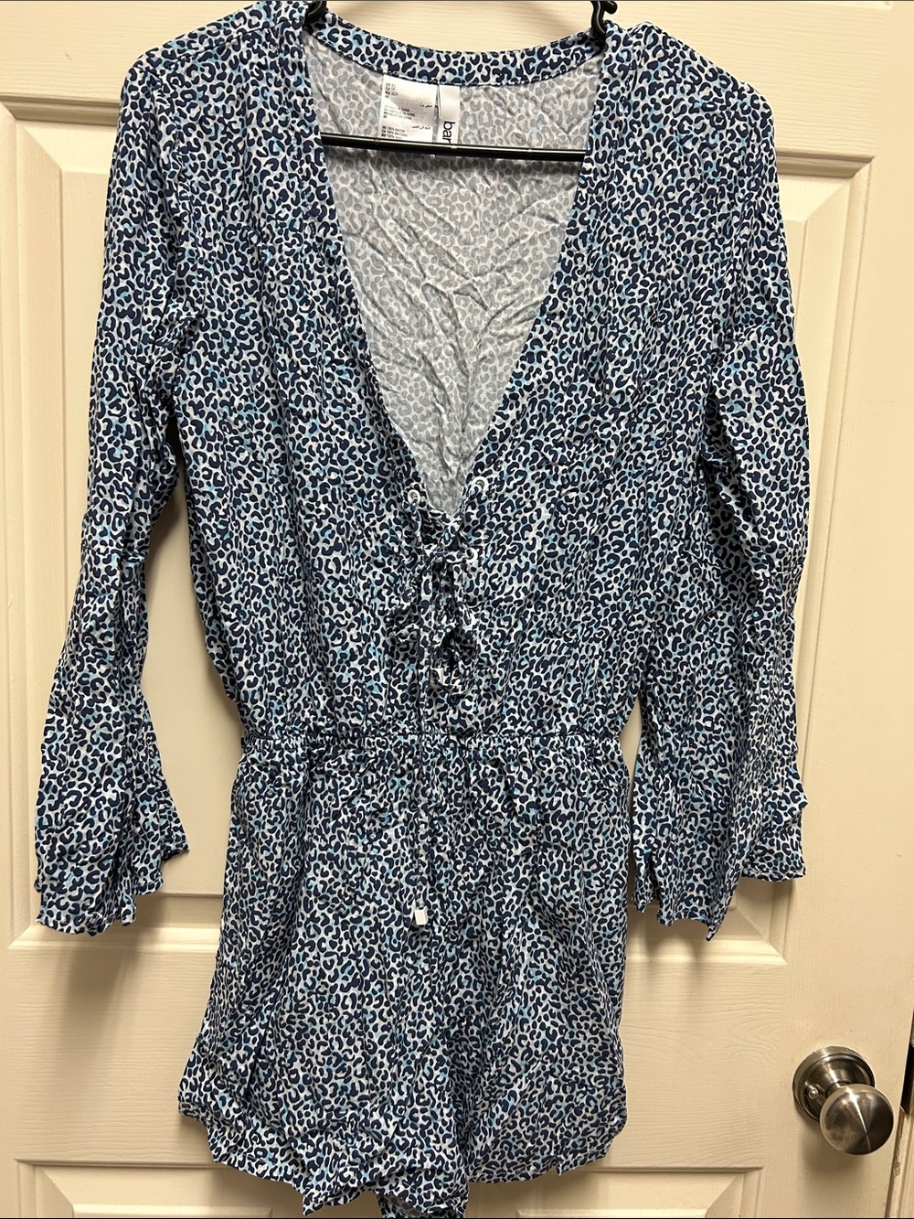 Bar III Blue Leopard Print Long-Sleeve Romper